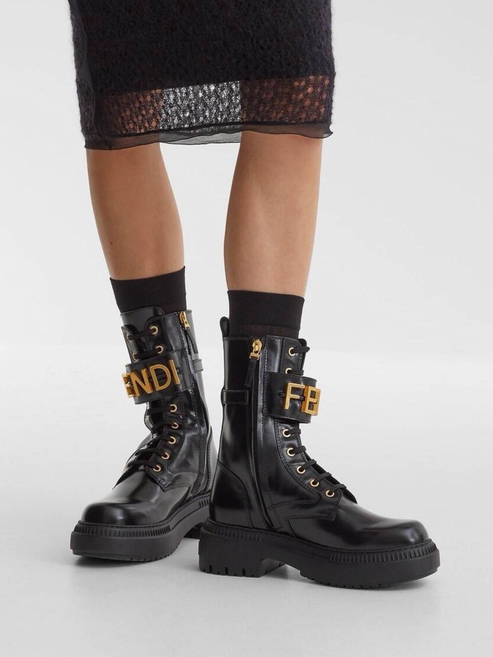 Fendi Black Leather Combat Boots with Gold Logo Buckle